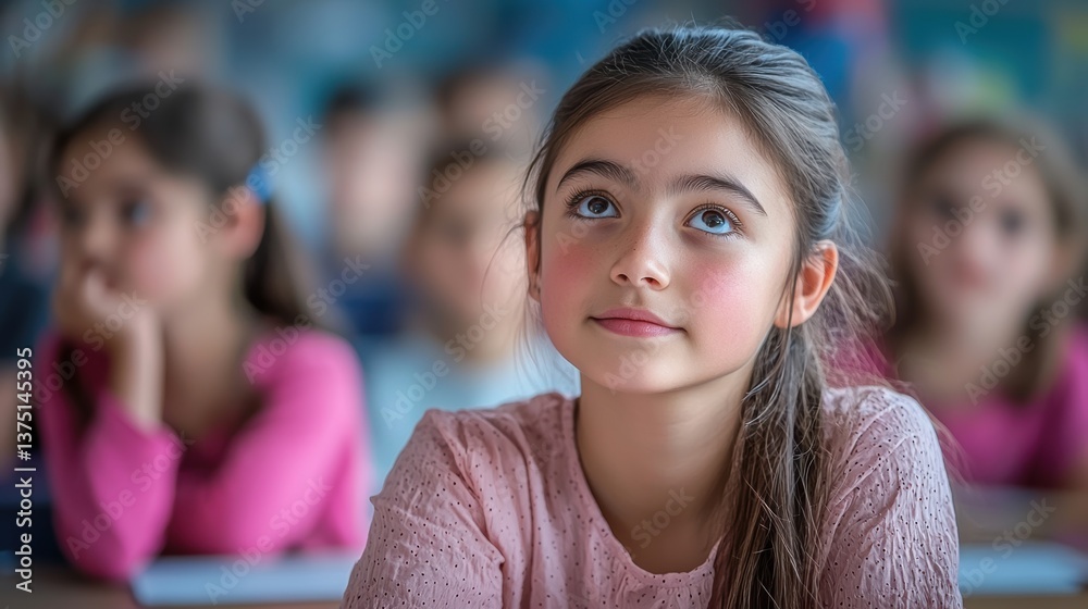 Thoughtful Girl in Classroom with Peers Engaged in Learning Thoughtful Girl in Classroom with Peers Engaged in Learning