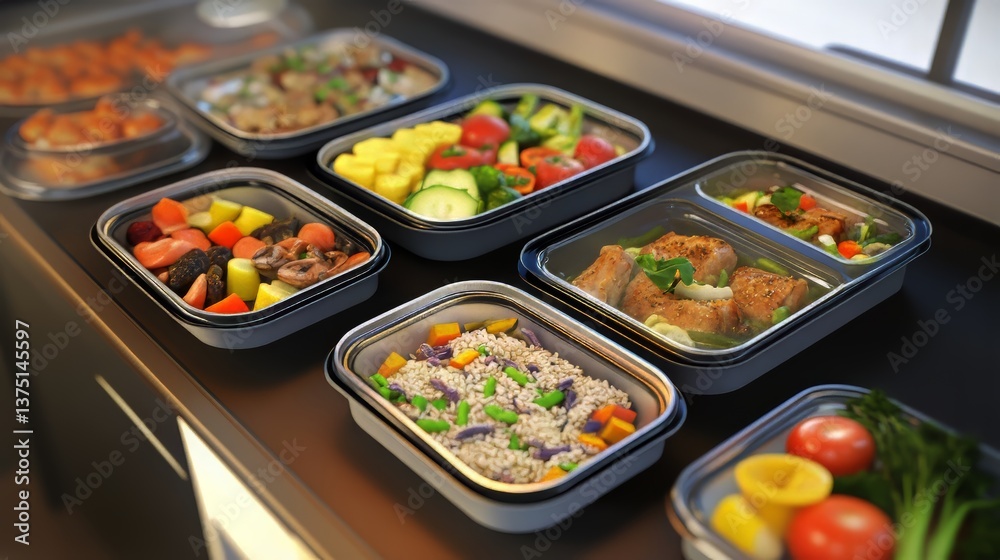 Fototapeta premium Diverse pre-packaged meals offering a variety of healthy food choices in convenient containers.