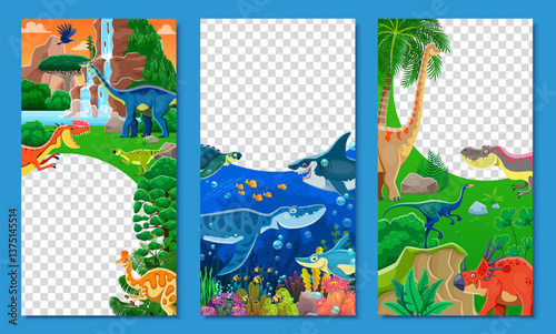 Social media frame templates with prehistoric dinosaurs and Jurassic lizards, vector banners. Funny dinosaurs and underwater reptiles in jungle forest for social media frame and banner templates
