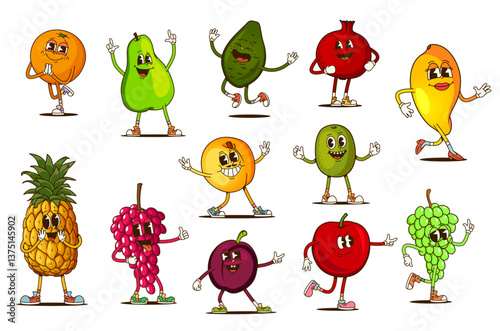 Cartoon retro groovy fruit characters with funny happy faces, vector emoji personages. Funky groovy orange with pineapple and tropical mango or avocado and apple with silly smile for fruit characters