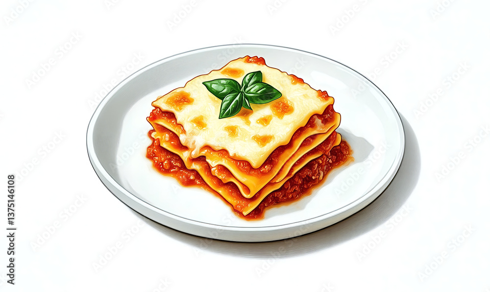 Cheesy Italian Lasagna with Tomato Sauce and Basil Garnish on Plate Dinner Dish Cheesy Italian Lasagna with Tomato Sauce and Basil Garnish on Plate Dinner Dish