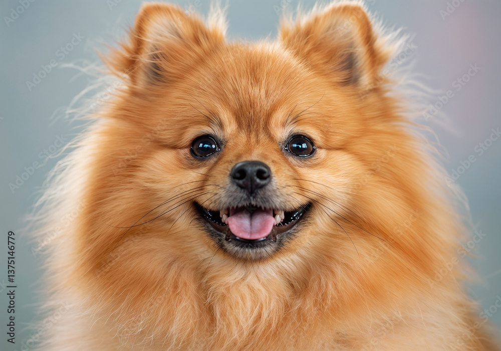 Happy Pomeranian Portrait with Open Mouth against Muted Grayish-Blue Background