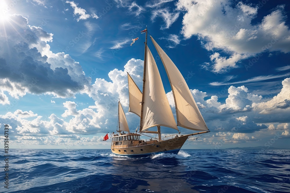 Fototapeta premium Charming Sailboat Adventure in Blue Waters Under Bright Skies and Fluffy Clouds