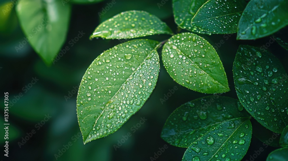 Fototapeta premium Close-up view of vibrant green leaves glistening with dew drops after a refreshing rain shower showcasing the beauty of nature's details in a lush garden setting.