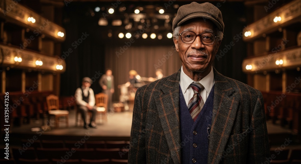 Fototapeta premium An Elderly African American Man in Formal Attire Poses Confidently on Stage with a Theater Production in the Background, Capturing the Essence of Live Performance.