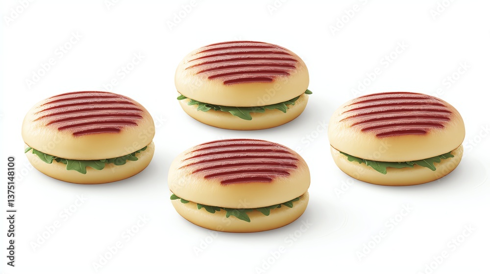 Obraz premium Panini made with focaccia roll, filled with spicy salami with olives and tomato, golden crispy grill lines, studio-lit white background