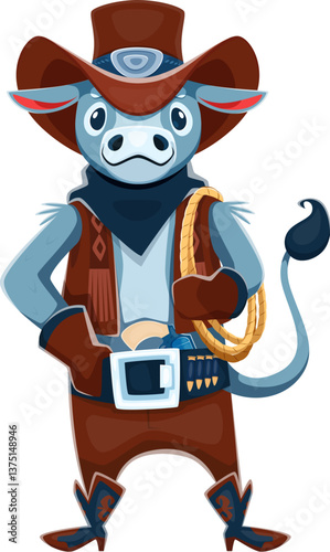 Cartoon bull farm animal cowboy, bandit character dressed as a rancher, holds a rope lasso and exudes a confident western charm with its brown leather hat, boots, vest, and a belt with a large buckle