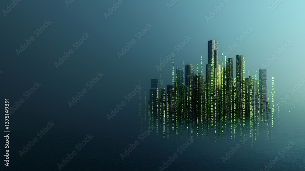 Futuristic Cityscape with Green Binary Code in a Misty Urban Environment Futuristic Cityscape with Green Binary Code in a Misty Urban Environment