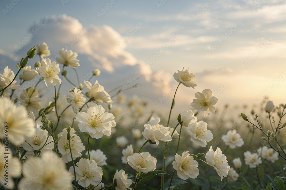 Serene Morning with Dreamy Cream Flowers and Gentle Cloudscapes Serene Morning with Dreamy Cream Flowers and Gentle Cloudscapes