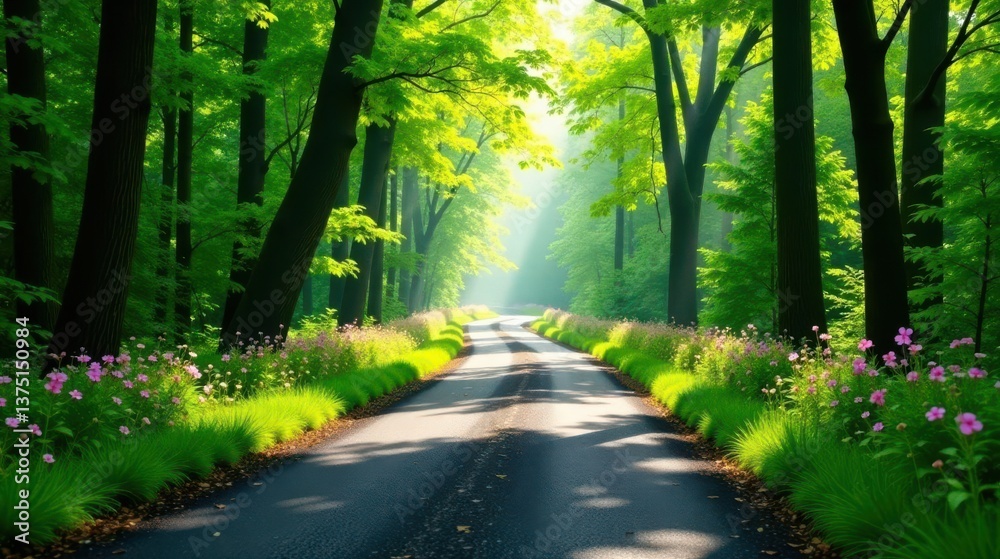 Fototapeta premium Serene Pathway Through Lush Green Canopy, Adorned with Delicate Blossoms and Bathed in Sunlight's Gentle Embrace