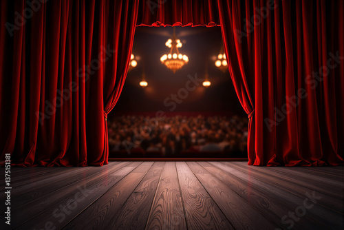 Red velvet curtains part to reveal a wooden stage with blurred audience and chandeliers in warm light, creative concept of theater and performance, Ai generative