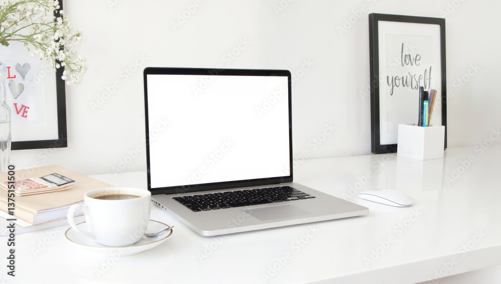 Modern workspace with blank laptop, minimalist design, clean white desk, highlights productivity and organization. Modern workspace with blank laptop, minimalist design, clean white desk, highlights productivity and organization.
