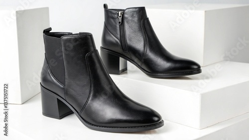 Stylish black leather ankle boots with block heel elegantly displayed on a white background for fashion marketing and advertising purposes.
