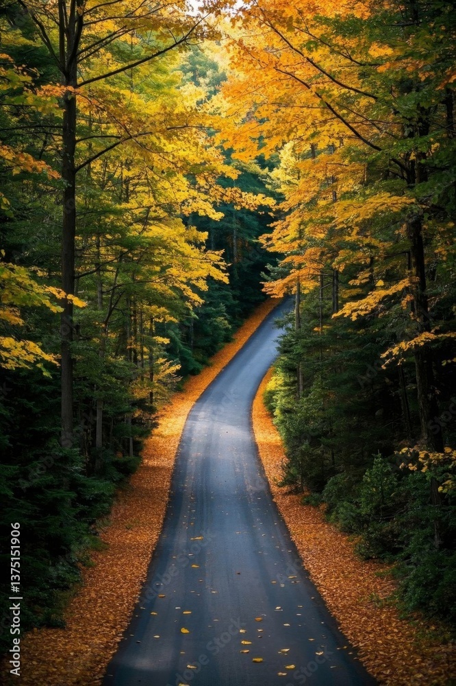 Fototapeta premium a view of a road with trees and leaves on both sides