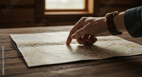 A Close-Up of a Hand Pointing at a Detail on a Vintage Map Spread on a Wooden Table by a Window in a Cozy Room