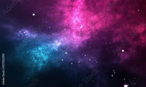 A vibrant cosmic scene featuring swirling pink, blue, and purple nebulae sprinkled with bright white stars against a dark backdrop.