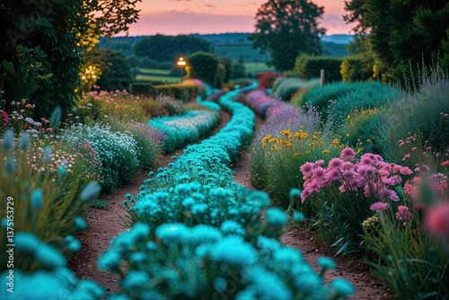 Magical Floral Pathway at Dusk with Vibrant Turquoise Colors in Charming Countryside Landscape