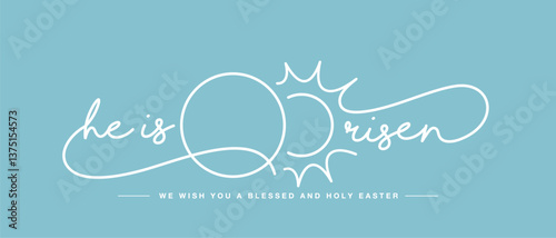 He is risen handwitten calligraphy typography with stone door that opens to the sunrise line design on a sea green background. We wish you a blessed and holy Easter