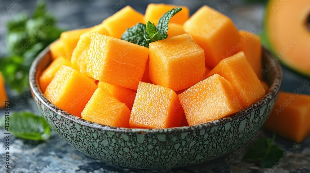Delicious Cubes of Sweet Cantaloupe in a Rustic Bowl Delicious Cubes of Sweet Cantaloupe in a Rustic Bowl