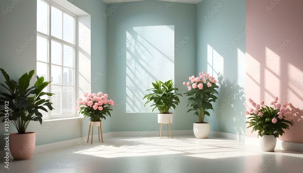 Fototapeta premium A minimalist studio setup with a monochromatic blue color scheme, featuring a smooth gradient from a lighter floor to a slightly darker wall