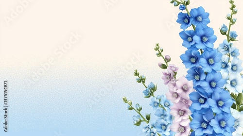 Blue and lavender flowers on pastel background create serene and elegant design