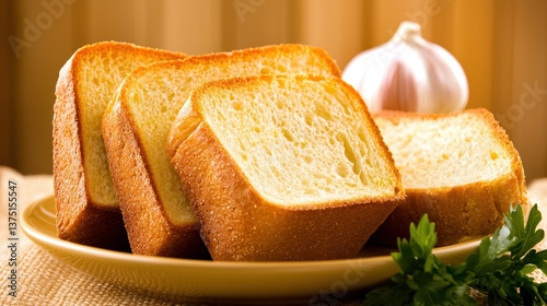 Golden slices of crusty bread with garlic and herbs create delicious aroma