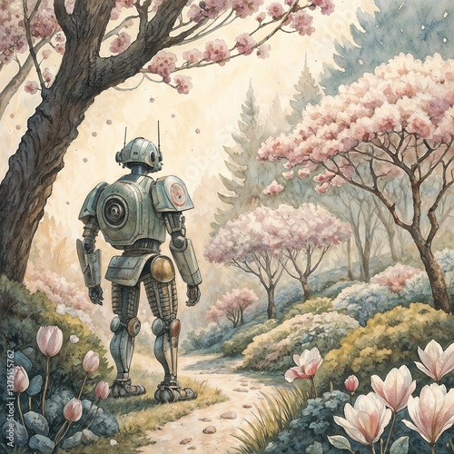 Robot amidst cherry blossoms in a serene, watercolor style