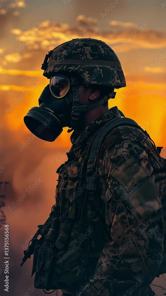 An intense scene depicting a soldier in an antipsychotic gas mask, standing amidst swirling smoke from shelling under a dramatic sunset, evoking emotions of tension and resilience. An intense scene depicting a soldier in an antipsychotic gas mask, standing amidst swirling smoke from shelling under a dramatic sunset, evoking emotions of tension and resilience.