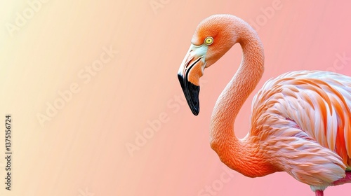 vibrant flamingo in pixel art style stands against peach gradient background