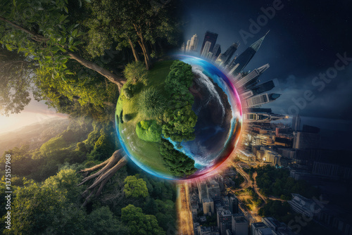 Obraz na płótnie Two semi spheres connected together in one planet. Left part covered by trees against right part fully urban and covered by buildings. Sustainability concept w salonie