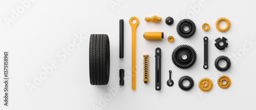 Collection of various mechanical components arranged in a flat lay on a white background. there are nine items in total, arranged in two rows and three columns.