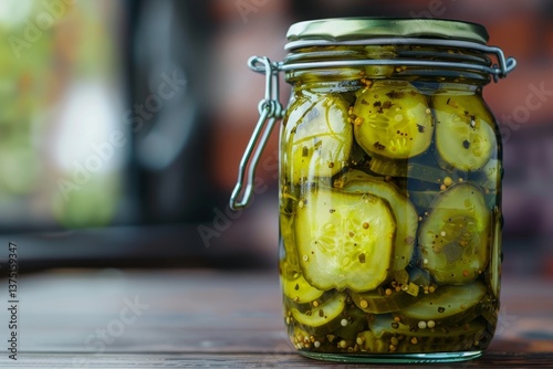 A clear glass jar filled with homemade dill pickles, with a metal lid and a blurry background, Jar of homemade pickles
