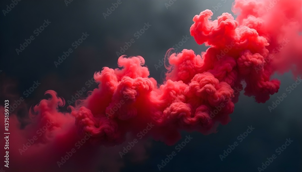 Fototapeta premium An abstract digital painting features a dramatic interplay of color and form, with prominent clouds of red and gray smoke set against a dark, moody background