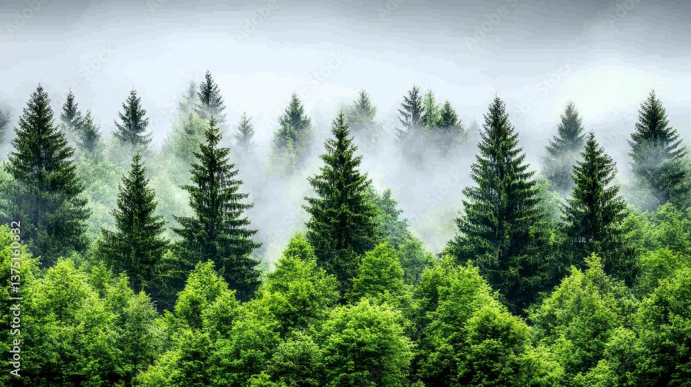 Fototapeta premium Lush Green Forest with Mist and Evergreen Trees Under Morning Light