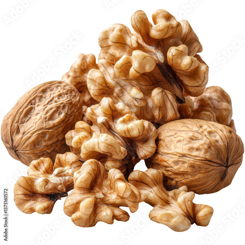 Detailed close-up of shelled and unshelled walnuts against a dark backdrop