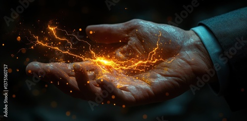 Businessman Holding Glowing Lightning Bolt - Isolated on Black Background - Vector Illustration for Web Banners - High Resolution Photo with Natural Lighting