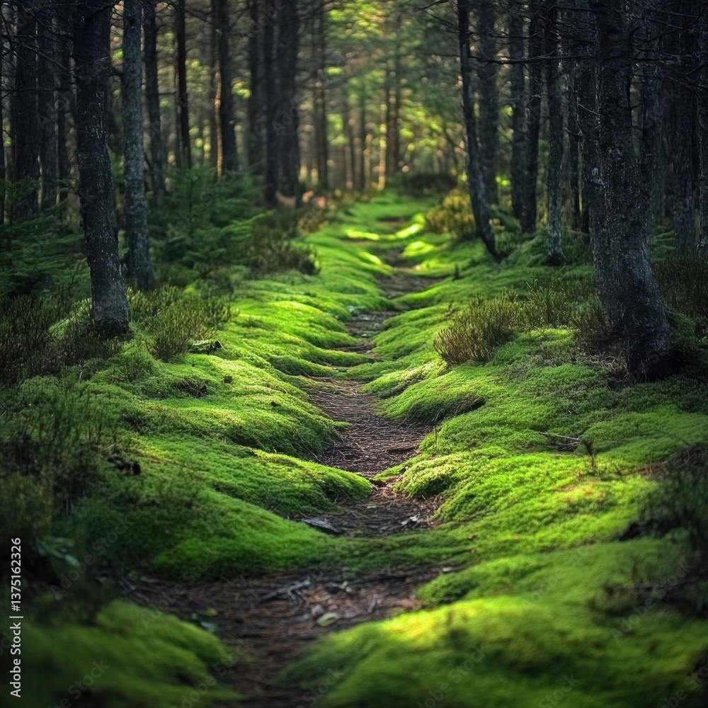 Fototapeta premium Tranquil Forest Pathway Surrounded by Lush Green Moss and Trees