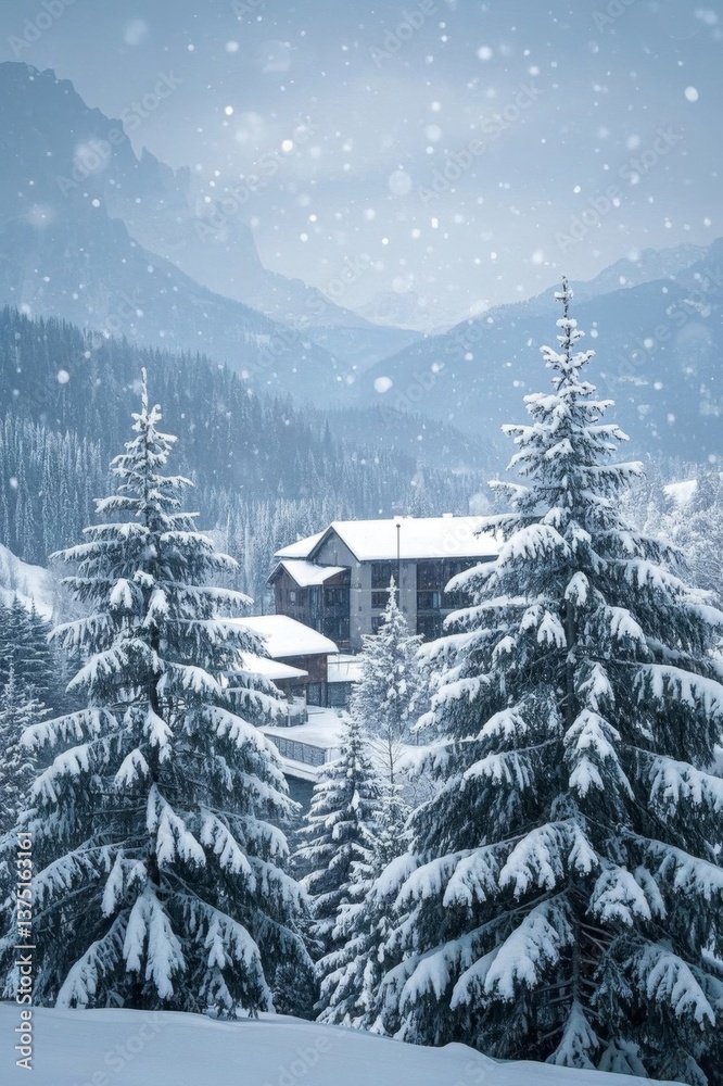 Obraz premium snowy trees in front of a house with a mountain in the background