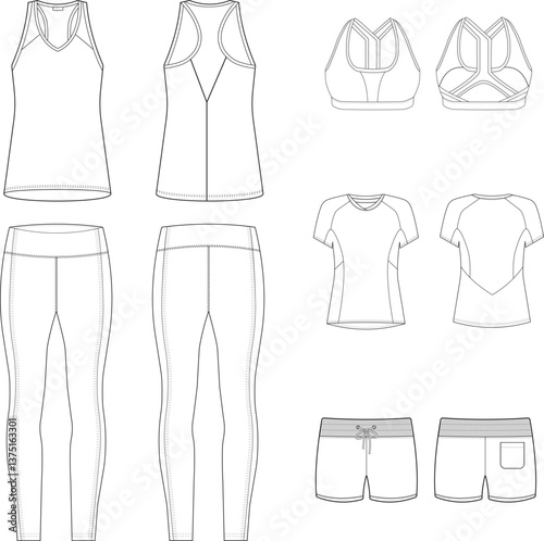 Athletic Wear Technical Drawings Mock up Tank Tops, Sports Bra, Leggings, and Shorts