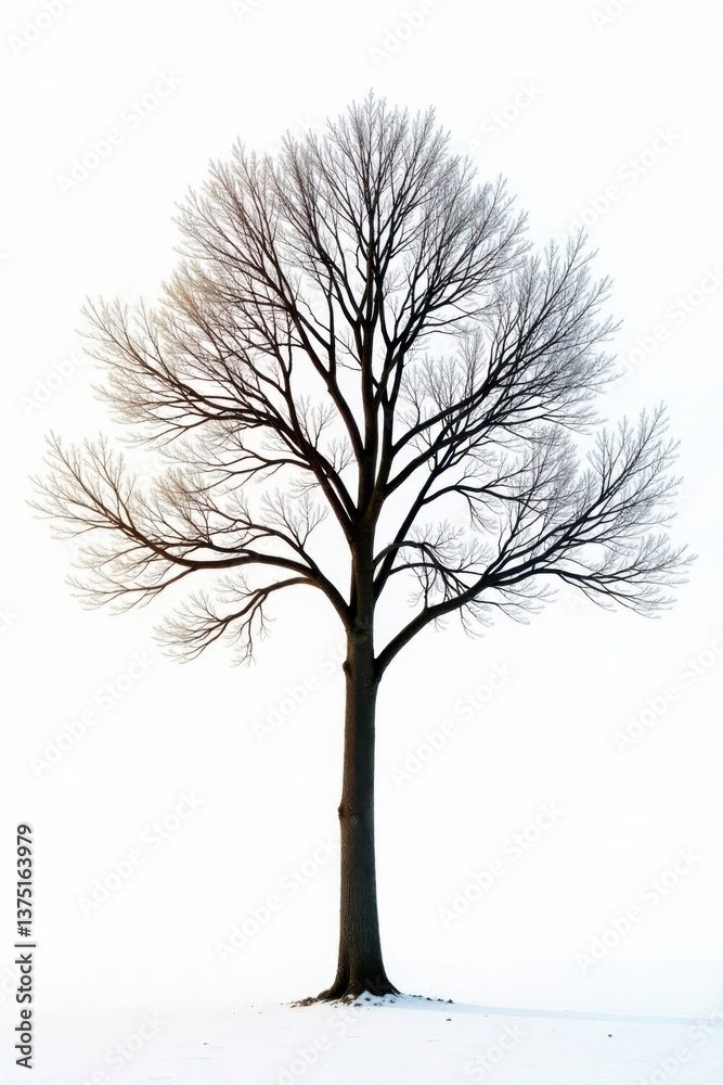 Obraz premium A single tree with bare branches stands against a bright white background , tree silhouette,