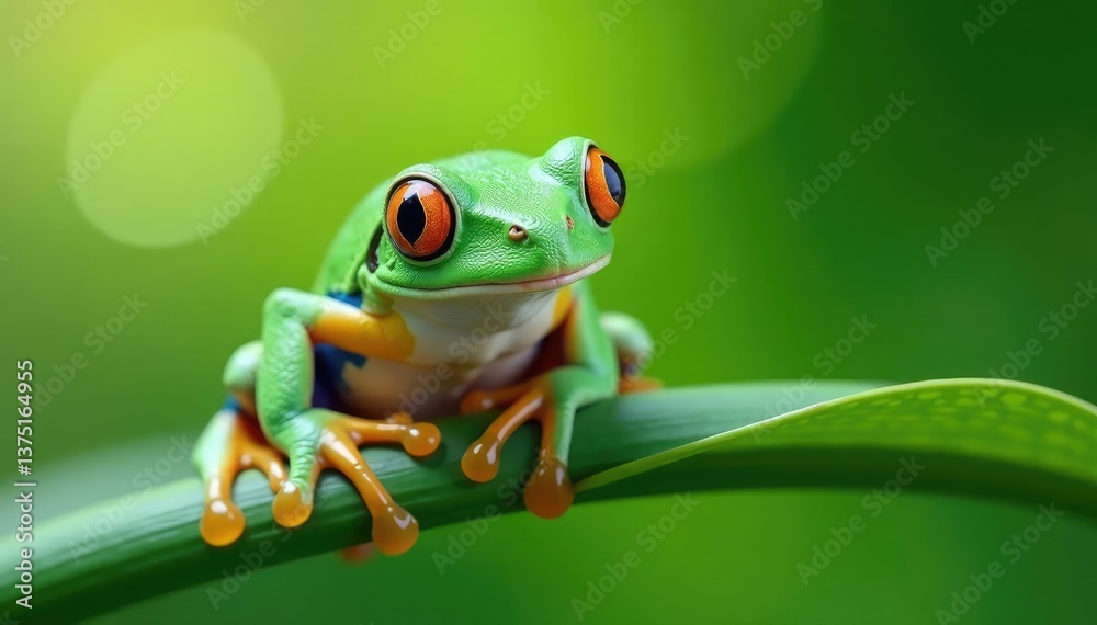 Obraz premium Green tree frog perched on white, vibrant colors , wet, tree frog, leap