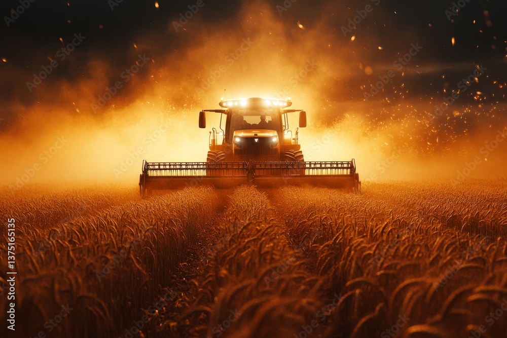 Fototapeta premium A highly advanced harvester works through a sprawling wheat field, creating a mesmerizing golden glow against a backdrop of a stunning sunset filled with warm hues Generative AI