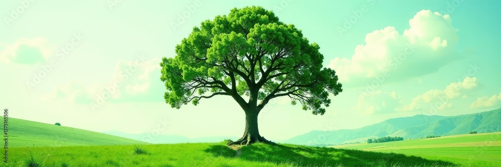 Fototapeta premium Isolated trees branch out from a central trunk, landscape, isolation, greenery