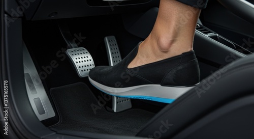 A Close-Up of a Female Driver's Foot in a Black Slip-On Shoe Pressing the Accelerator Pedal in a Modern Car Interior