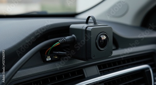 Compact Dashboard Camera Mounted in Vehicle Interior, Capturing Surroundings with Wide-Angle Lens for Enhanced Road Safety and Surveillance