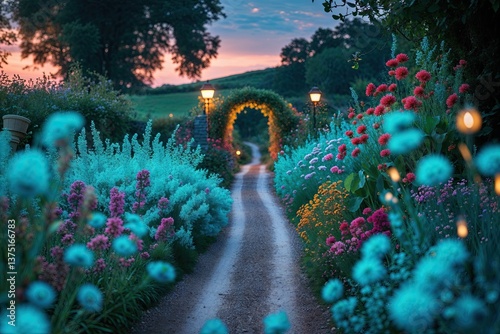 Captivating Floral Pathway at Dusk Featuring Vibrant Turquoise and Scenic Countryside Views