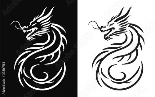 Two black and white dragon silhouettes, digital design.  Mirror images on contrasting backgrounds, stylized tribal art.  Modern graphic element, simple visual.
