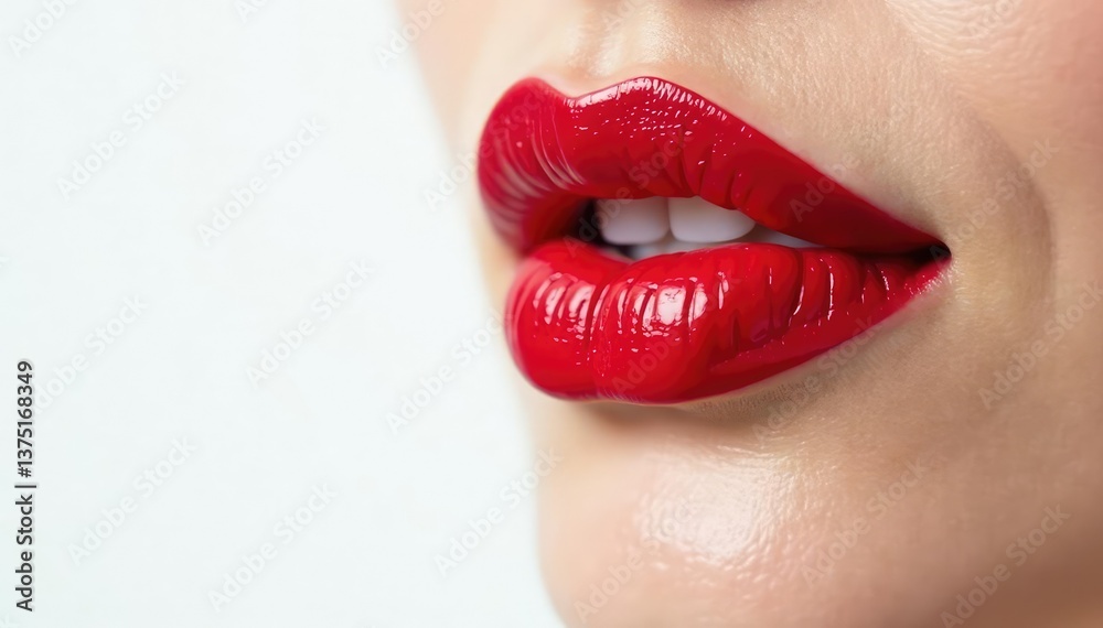 Obraz premium Close-up of vibrant red lipstick on pure white , gloss, make up, clean