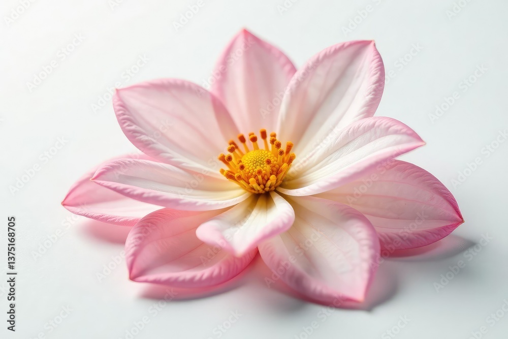 Delicate flower petals unfolding on a crisp white surface, botanical, plant, delicate Delicate flower petals unfolding on a crisp white surface, botanical, plant, delicate