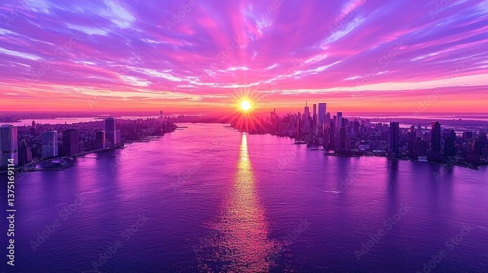 Fototapeta premium Manhattan Sunset: A Vibrant Aerial View